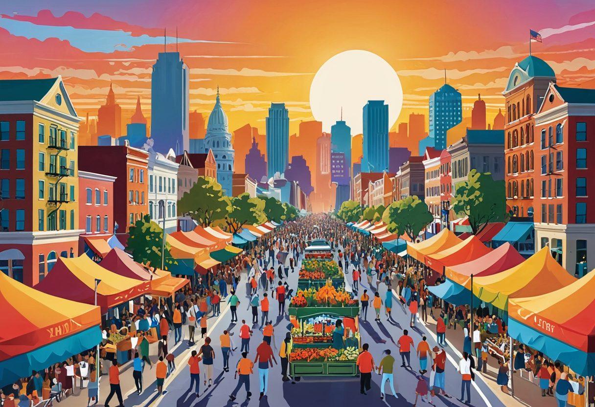 A lively cityscape bustling with diverse community events: a farmer’s market, a street parade, and an outdoor concert. People from various backgrounds are engaged, smiling, and mingling under colorful banners and flags. The backdrop features city landmarks and a vibrant sunset. Vector art. Vibrant colors.