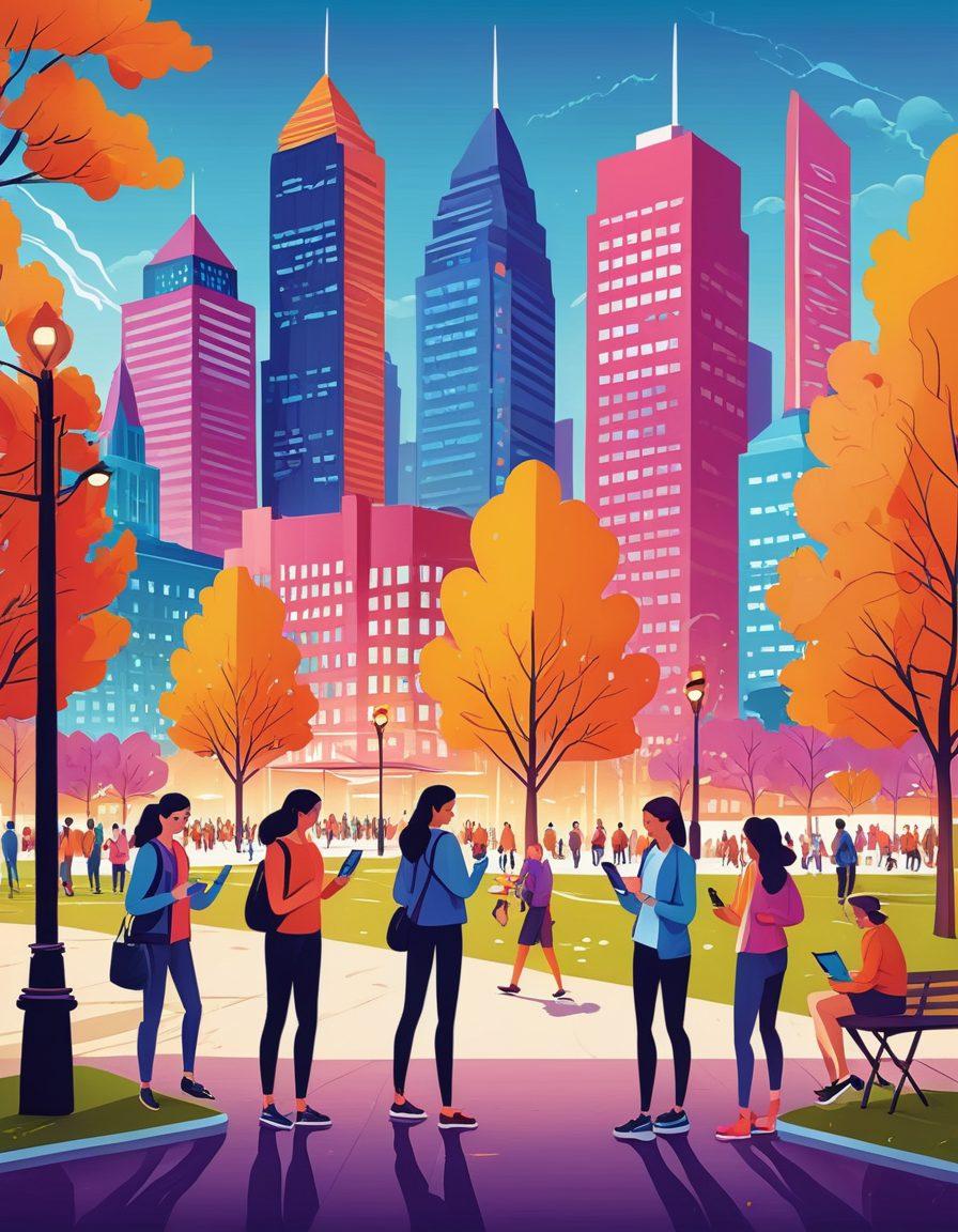 An energetic urban scene bustling with activities, depicting a community immersed in various events and local news. Smartphones, tablets, and community bulletin boards display real-time updates. Citizens of all ages are actively engaged, some reading updates, others attending neighborhood events. A backdrop of modern cityscape with a vibrant park and municipal buildings. vector art. vibrant colors.